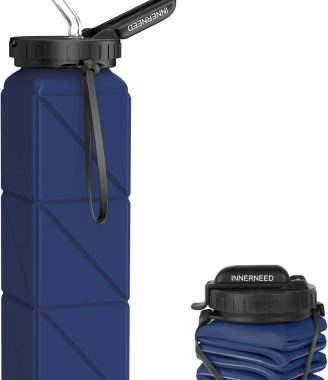 INNERNEED Collapsible Drinking Water Bottle with Straw, Reuseable Leakproof BPA Free Silicone Foldable Sports Gym Bottle, with Carrying Strap (1pack, Dark Blue)