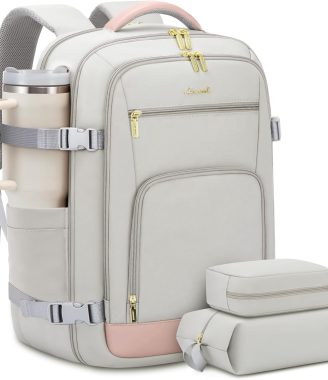 Travel Backpack For Women, 40L Carry On Backpack Flight Approved, TSA Personal Item Travel Bag Fits 17 Inch Laptop, Business Weekender Overnight Waterproof Daypack With 2 Cubes, Grey-Pink